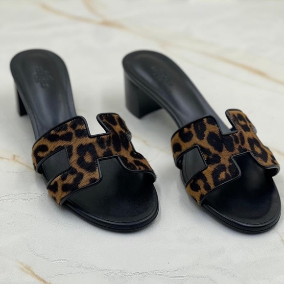 NIB Hermes Oasis Sandals Heels Leopard Print Pony Hair 38 - Picture 1 of 15